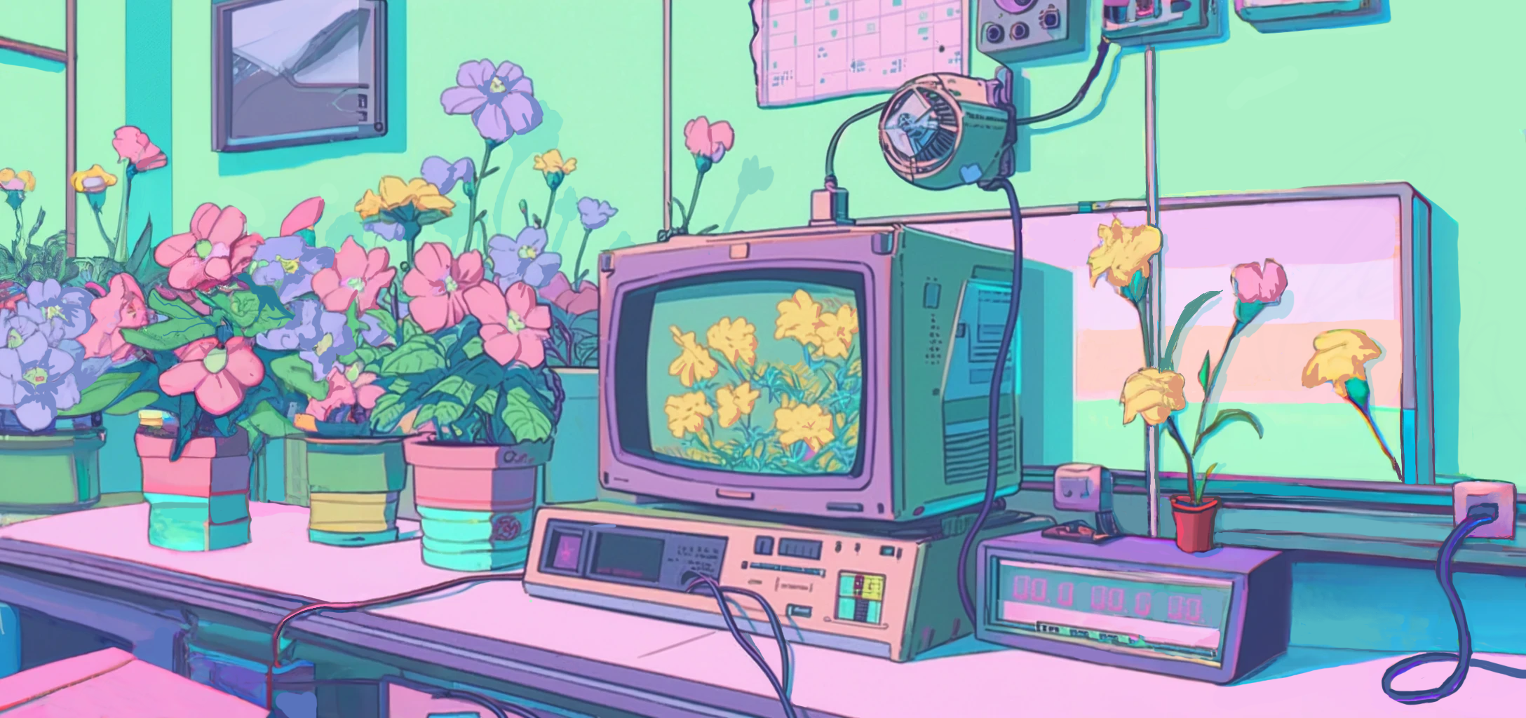 A monitor surrounded by flowers in a cel shaded illustration style.